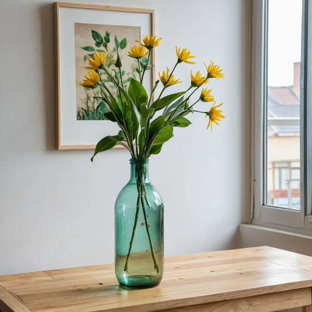 Стилизованный предмет декора, созданный из переработанных пластиковых бутылок, демонстрирующий, что эко-декор может быть модным и недорогим, на фоне современного интерьера.