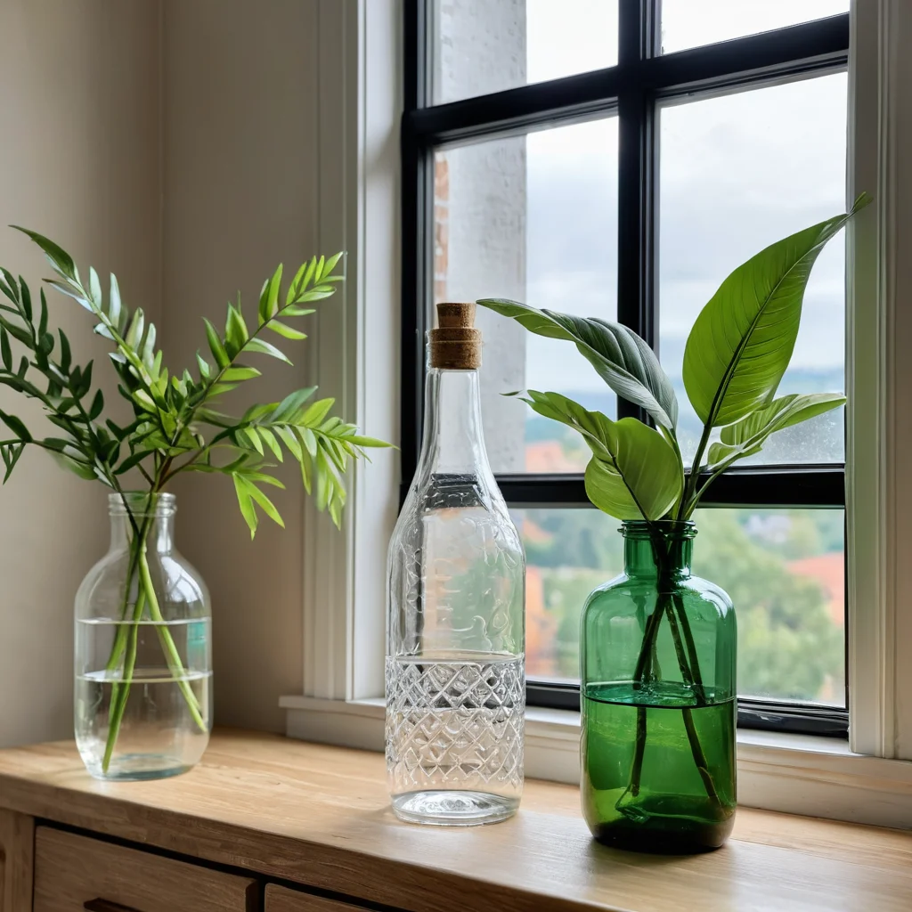 Завершенный интерьер с элементами декора из пластиковых бутылок, гармонично вписанными в общую композицию, создающими уютную и магическую атмосферу, финальные штрихи.