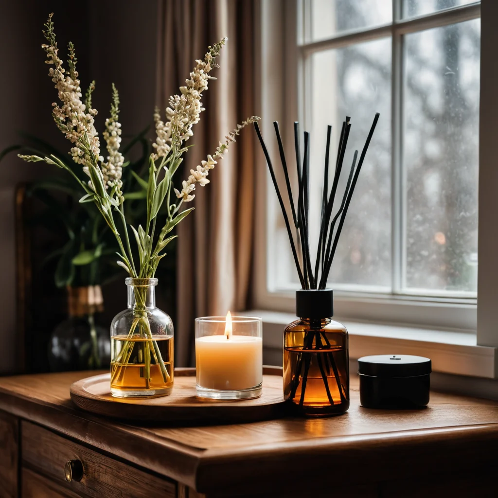 Домашний ароматизатор (диффузор) с эфирными маслами на деревянном фоне, создающий тонкий пар, символизирующий ароматы дальних стран и переносящий в экзотические уголки планеты.