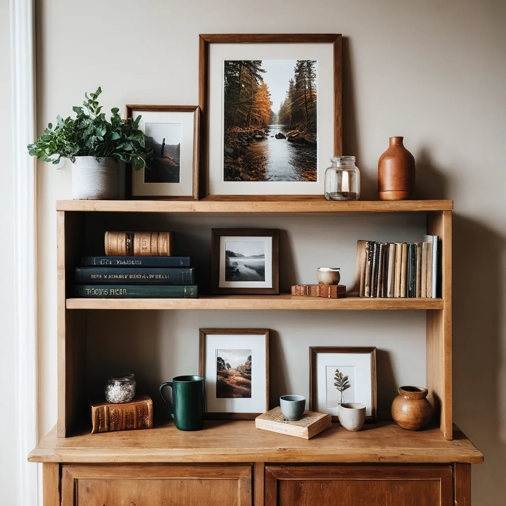 Стильная полка с экспозицией сувениров из путешествий: фотографии в рамках, аккуратно расставленные артефакты, создающие элегантный интерьерный акцент, а не пылесборник.