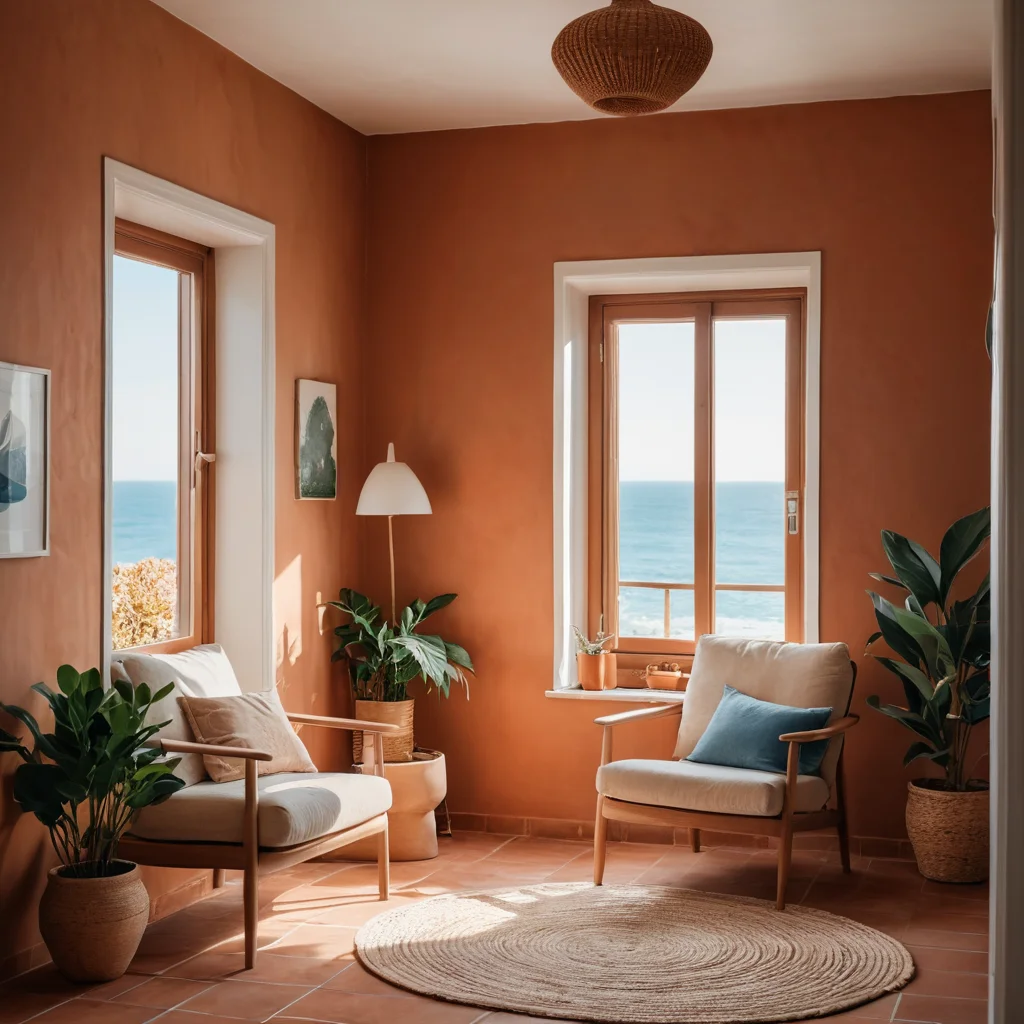 Интерьер, выполненный в цветовой палитре странствий: терракотовый, синий океан и песочный бежевый, освещенный теплым солнечным светом, создающий атмосферу приключений и пробуждающий дух путешествий.