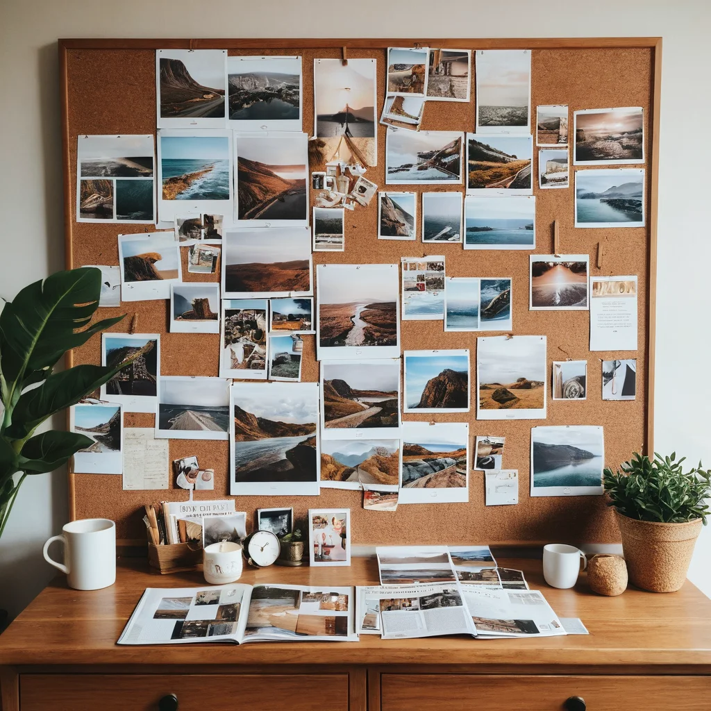 Яркая комната с доской визуализации (vision board), на которой закреплены фотографии из путешествий, открытки и мотивирующие цитаты, демонстрируя, как визуализация помогает мечтать о новых открытиях.