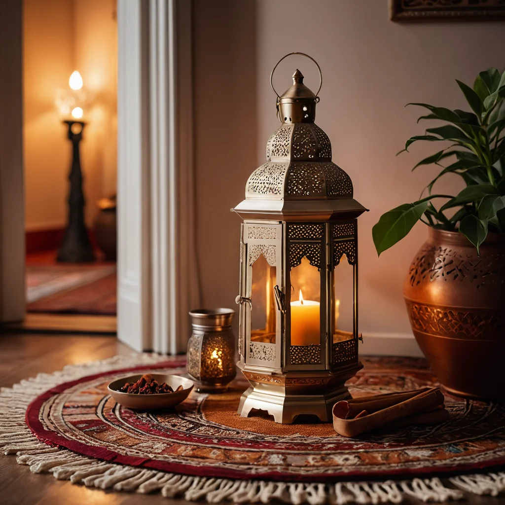 Атмосферное освещение в вечернее время: восточный фонарь излучает теплый свет, на столе расставлены специи, на полу лежит текстурный ковер, создавая атмосферу дальних стран и пробуждая дух приключений.