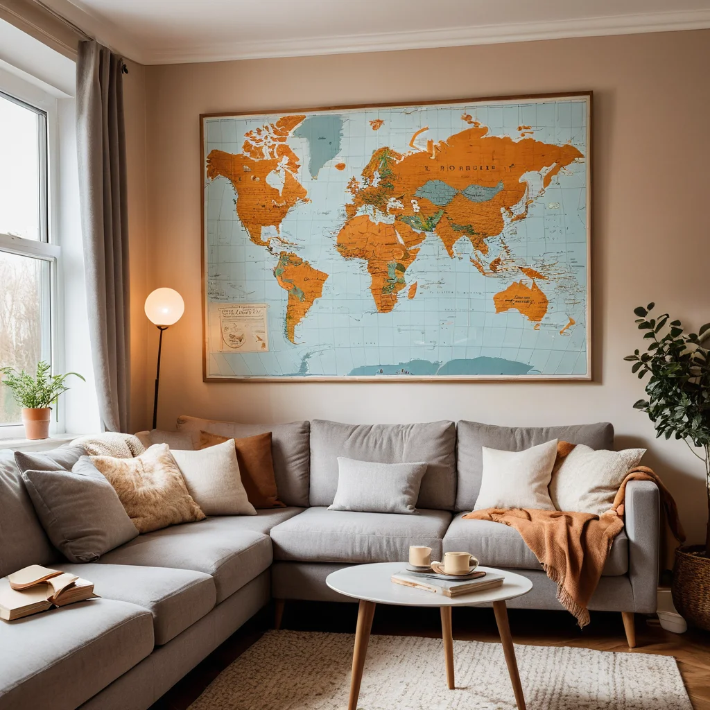 Уютная гостиная с большой картой мира на стене, на полках стоят книги о путешествиях, комната залита мягким естественным светом, создавая теплую и вдохновляющую атмосферу для начала новых горизонтов.