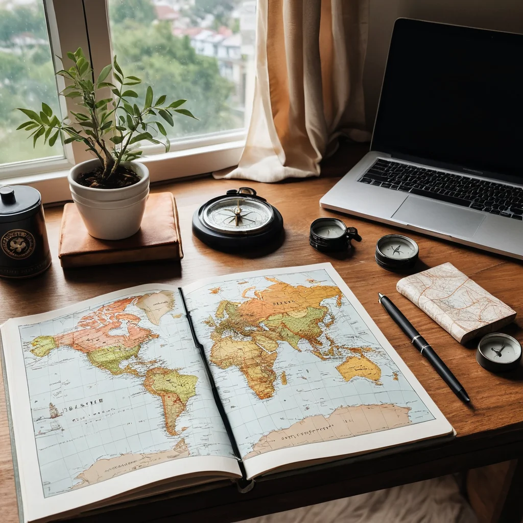 Рабочий стол, оформленный как личный путеводитель: открытый тревел-журнал, компас, иллюстрация карты мира, ручка и ноутбук под естественным освещением, создающий пространство, вдохновляющее на новые открытия.