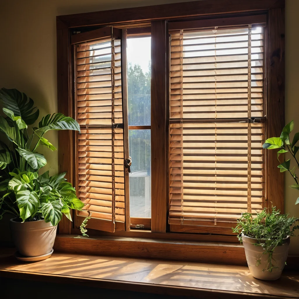 Крупный план старой деревянной оконной рамы, украшенной самодельными жалюзи из переработанных материалов, найденных на блошином рынке, демонстрирующей очарование DIY-декора.