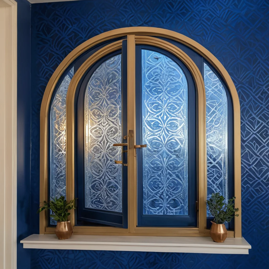 Стилизованное окно с нанесенным трафаретом геометрического узора серебристой краской, придающее самодельному декору дорогой и шикарный вид.