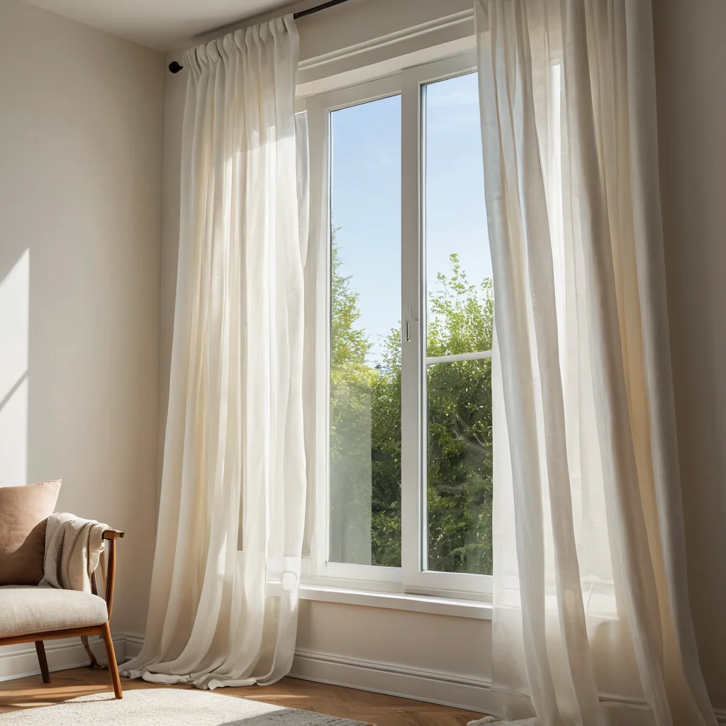 Солнечный луч освещает окно, декорированное легкой тканью вместо штор, демонстрируя бюджетную и стильную альтернативу для минималистичного интерьера.