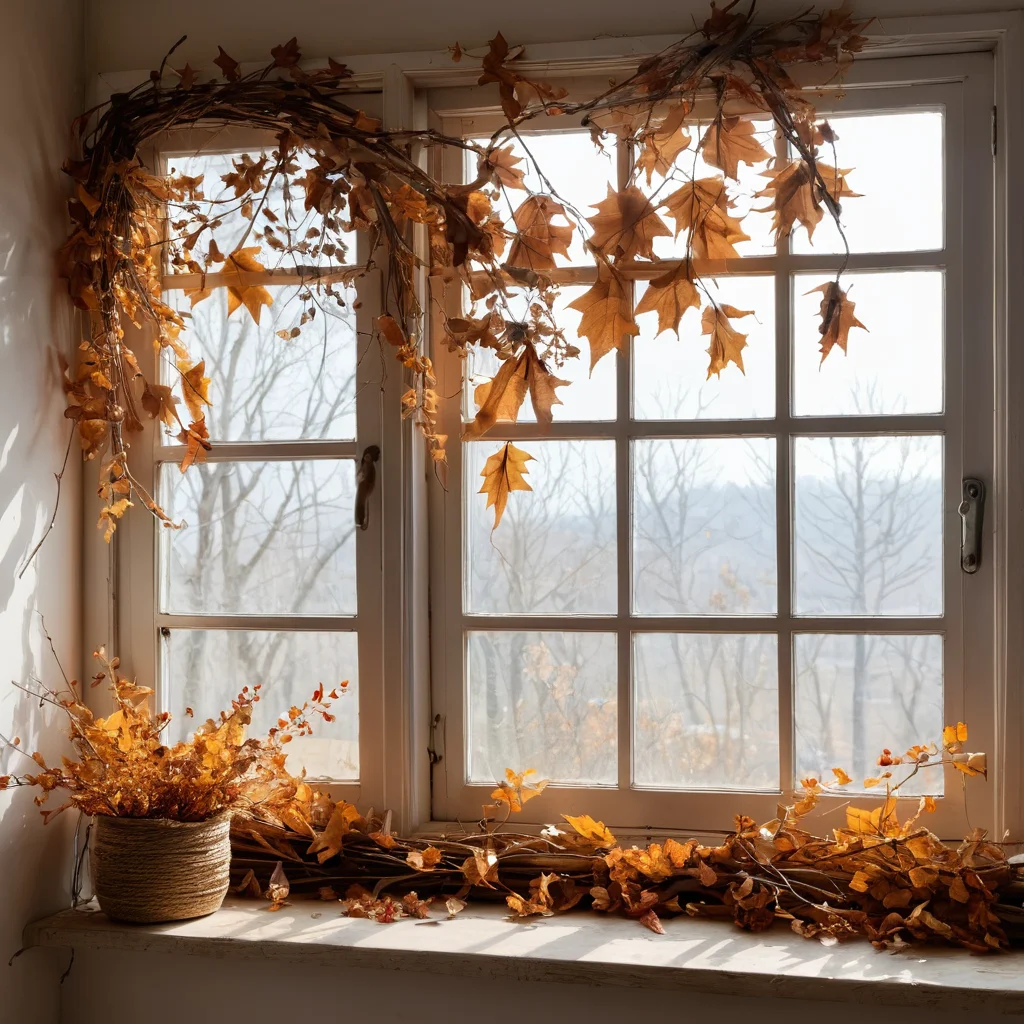 Набор бесплатных природных материалов – сухие листья, ветки, бечевка – подготовленных для создания экологичного и бюджетного декора окна без штор.