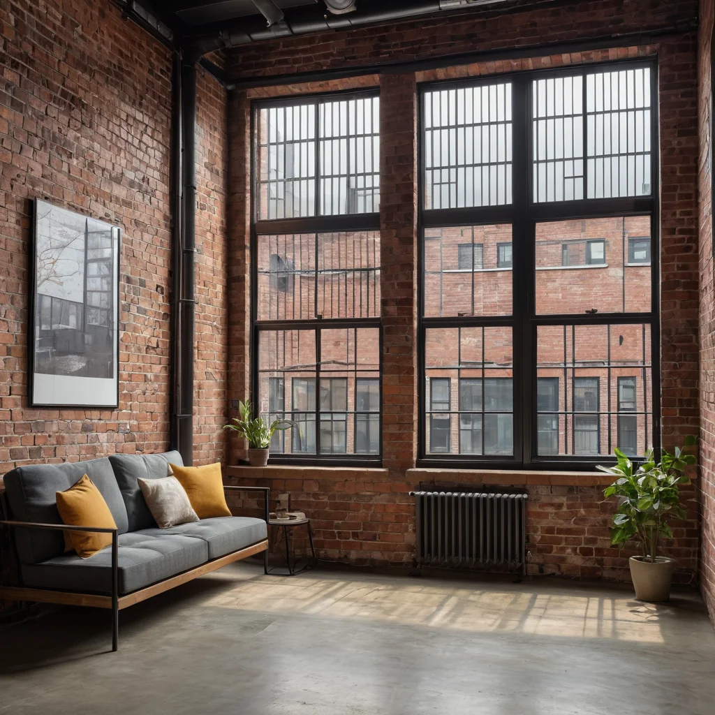 Окно в лофт-интерьере с кирпичной стеной, украшенное промышленными металлическими жалюзи, демонстрирующее стильный декор окна без штор для лофта.