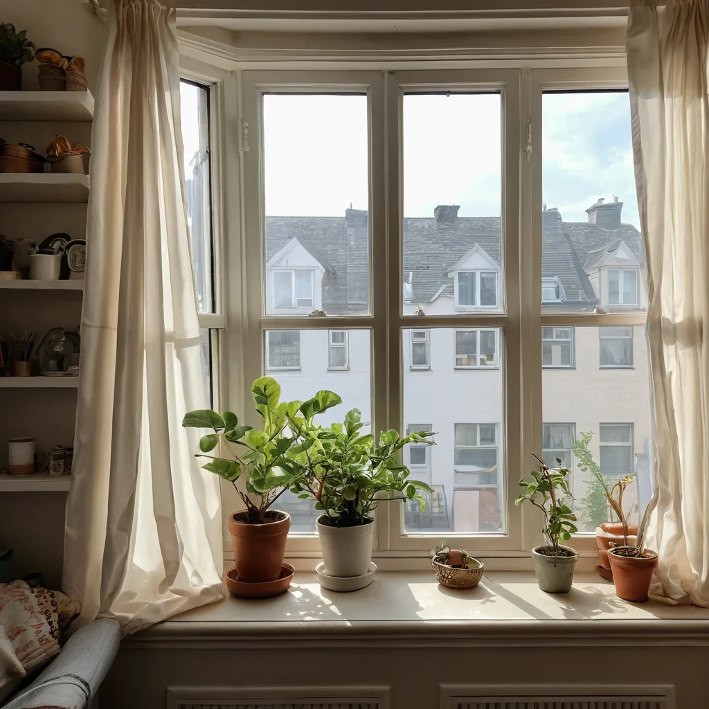 Загроможденный подоконник с неумелым декором и переизбытком искусственного освещения, иллюстрирующий типичные ошибки при оформлении окна без штор.