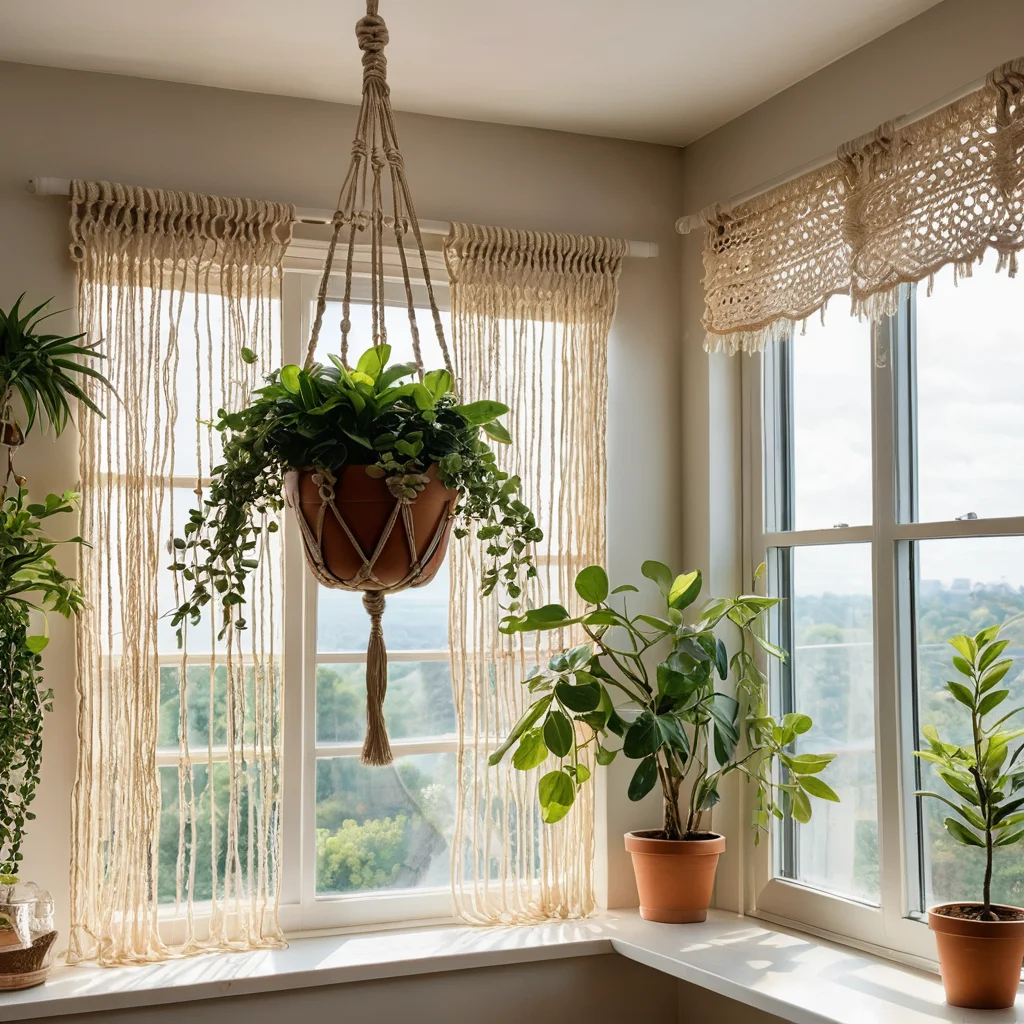 Окно, украшенное макраме-подвесом с живыми растениями, созданное своими руками, в богемном стиле, демонстрирующее бюджетный вариант декора окна без штор.