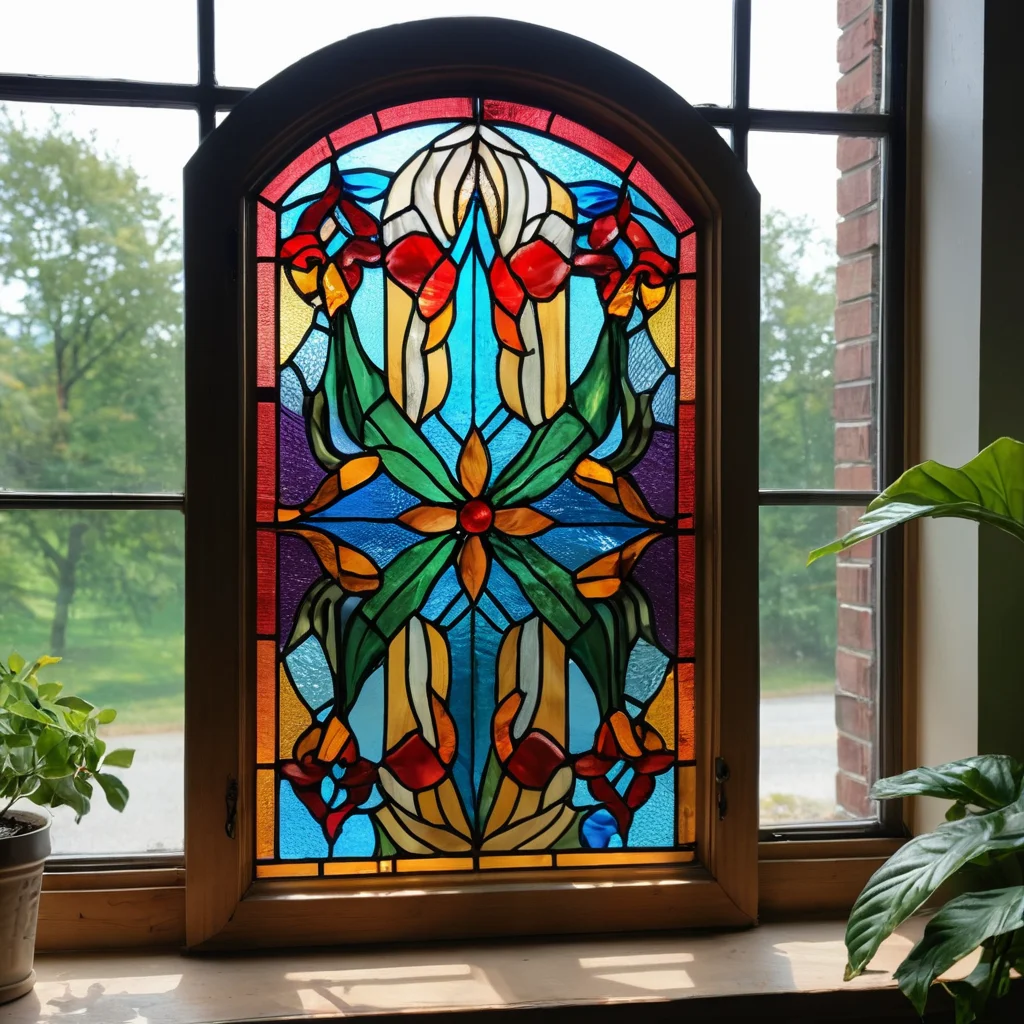 Окно, превращенное в арт-объект с помощью самодельного витража, создающего яркие узоры под солнечным светом, как финальный штрих в преображении дома.