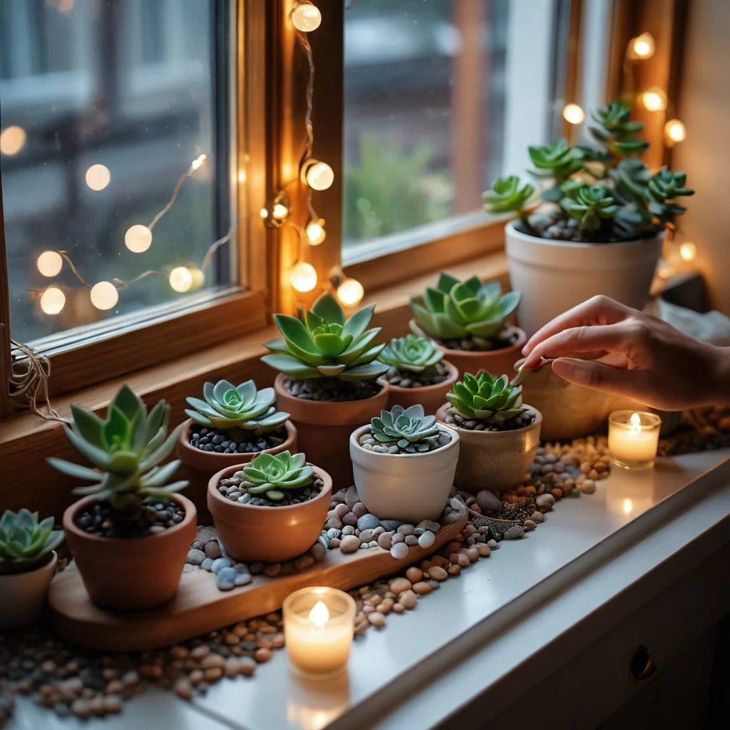 Процесс декорирования подоконника своими руками: руки, расставляющие миниатюрные суккуленты, декоративные камни и гирлянду, создающие уютную зону с личным подходом.