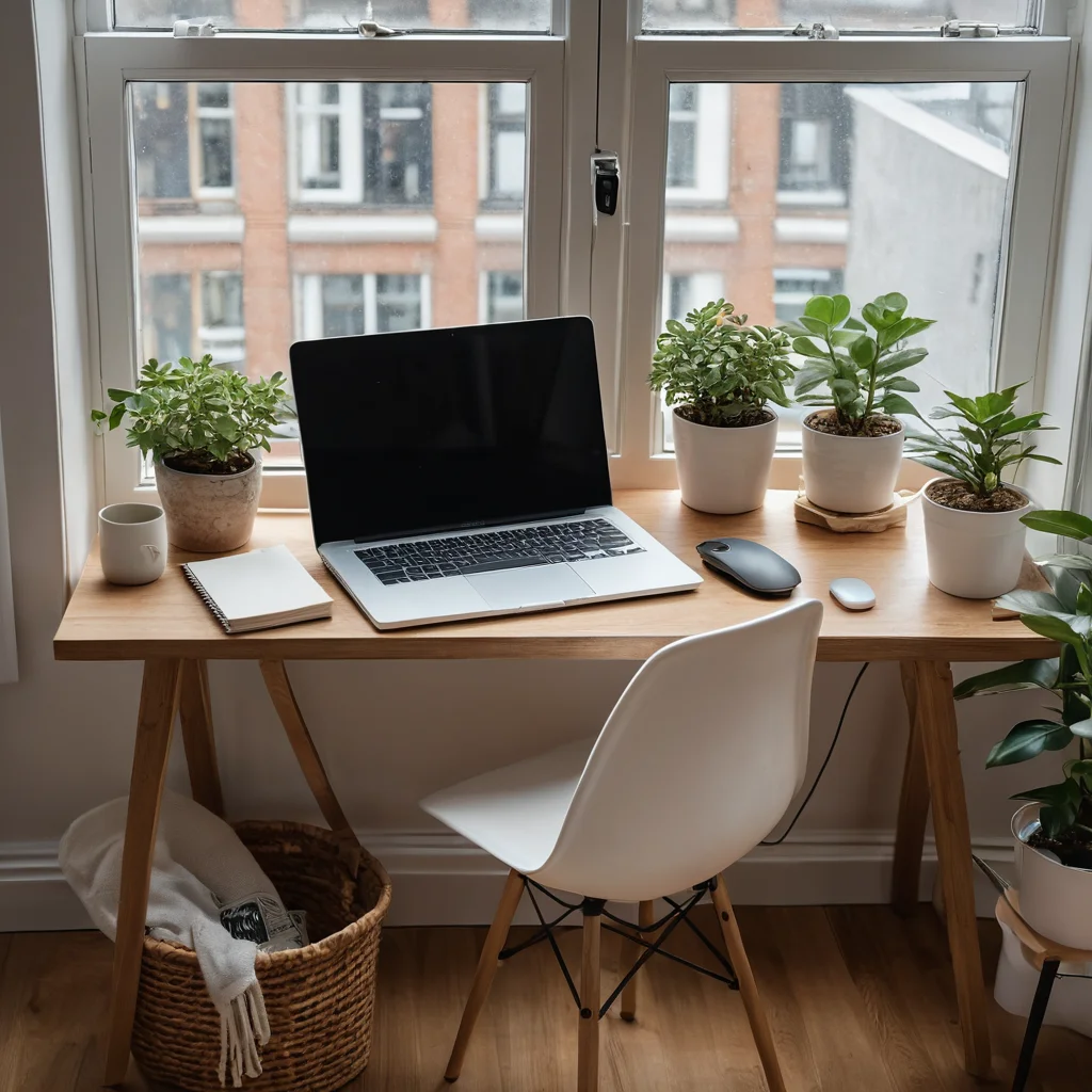 Функциональное рабочее место на подоконнике с ноутбуком, блокнотом, ручкой, растением и аксессуарами, освещенное естественным светом, способствующее продуктивной работе.