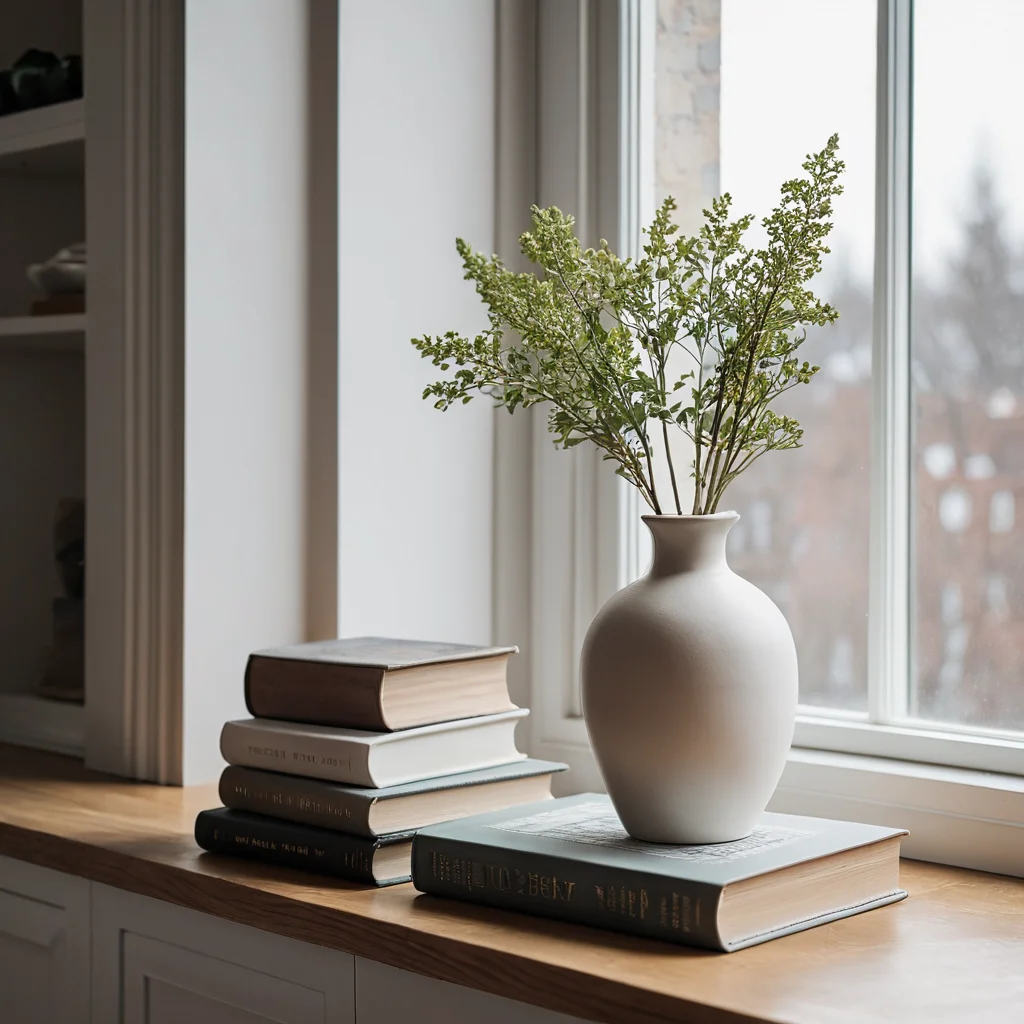 Минималистичный декор подоконника: одинокая керамическая ваза, несколько книг, чистые линии, отсутствие беспорядка, создающие спокойную, светлую атмосферу в скандинавском стиле.