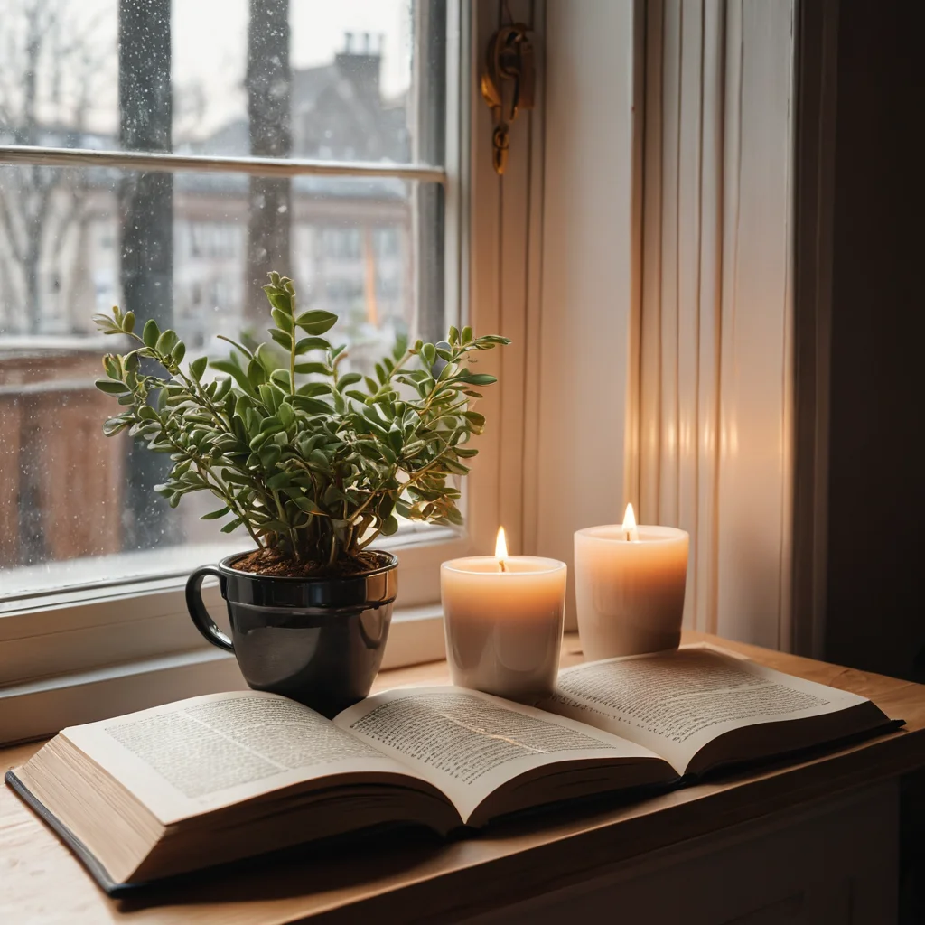 Уютный подоконник, залитый солнечным светом, с небольшими комнатными растениями, керамической кружкой, книгой и декоративными свечами, создающий атмосферу уюта и тепла (хюгге).