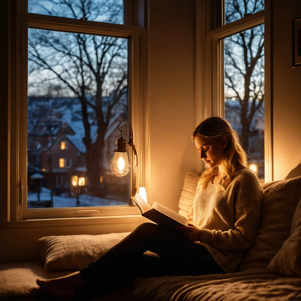 Подоконник, освещенный солнцем, с игрой света и тени, силуэтом читающего человека, теплым свечением лампы, создающий уютный уголок у окна.
