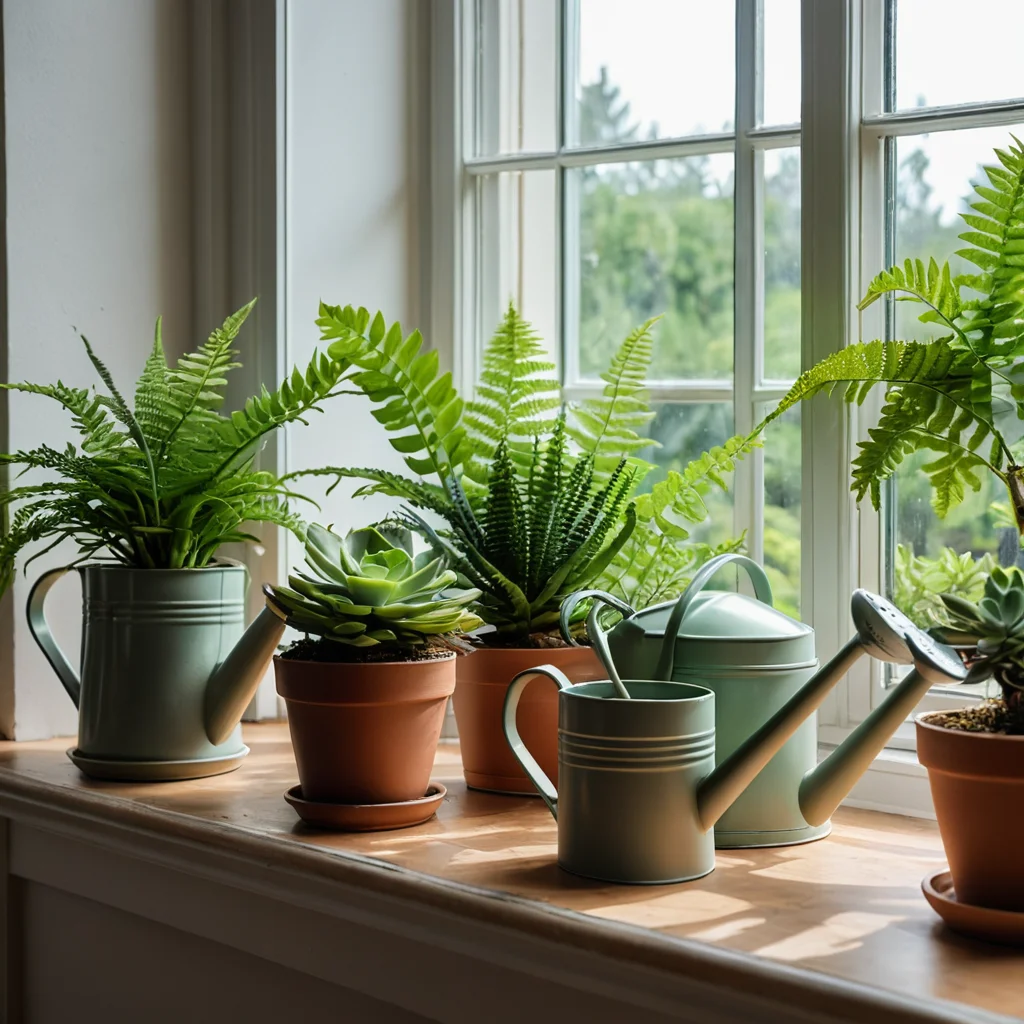 Обильные зеленые растения на подоконнике: суккуленты, папоротники, цветущие цветы, лейка, солнечный свет, проникающий сквозь листья, создающие ощущение природного уюта.