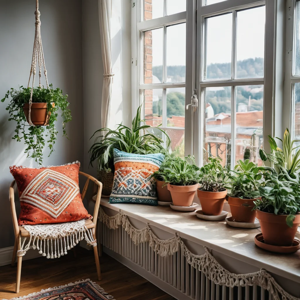 Бохо-декор подоконника: макраме-подвесы для растений, яркие подушки, винтажные предметы, горшки с травами, создающие эклектичную, солнечную и жизнерадостную атмосферу.