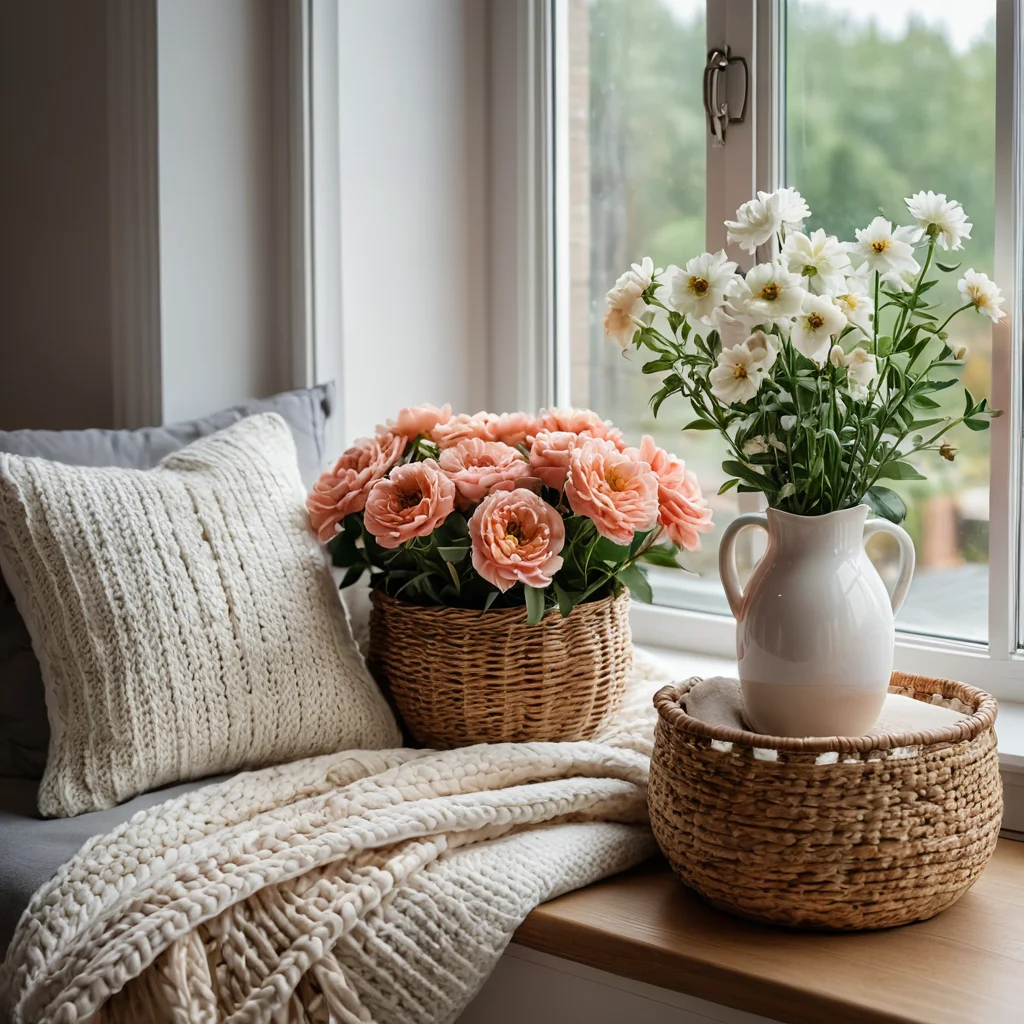 Мягкие подушки и вязаный плед на подоконнике, декоративные элементы, плетеная корзина, керамическая ваза с цветами, создающие уютное место для отдыха с акцентом на мягкие текстуры.