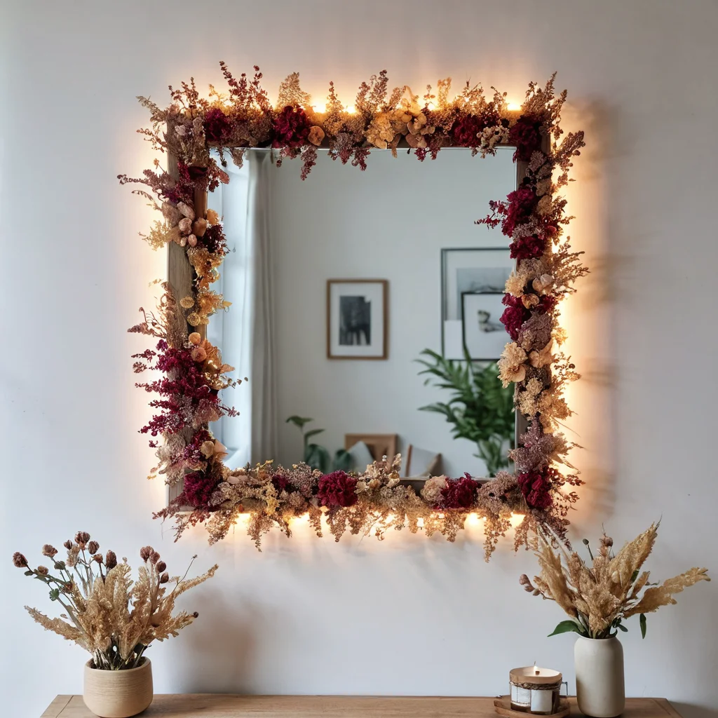 Безрамное зеркало, превращенное в стильный арт-объект с помощью декора из засушенных полевых цветов и веточек, демонстрирующее бюджетную идею для уникального декора своими руками.