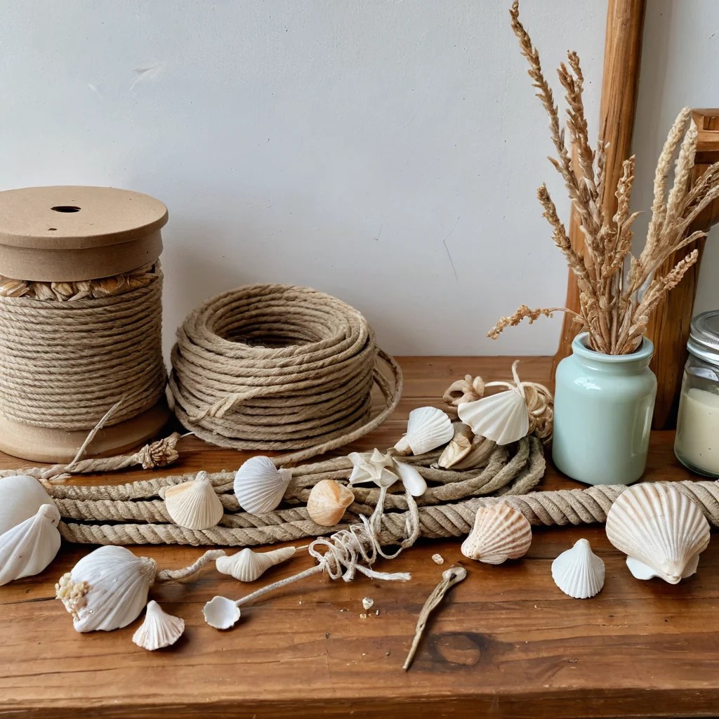 Разложенные на столе бюджетные материалы для DIY декора зеркала: джутовая веревка, акриловые краски, морские ракушки, сухие веточки, горячий клей и обрезки ткани, готовые к преображению.