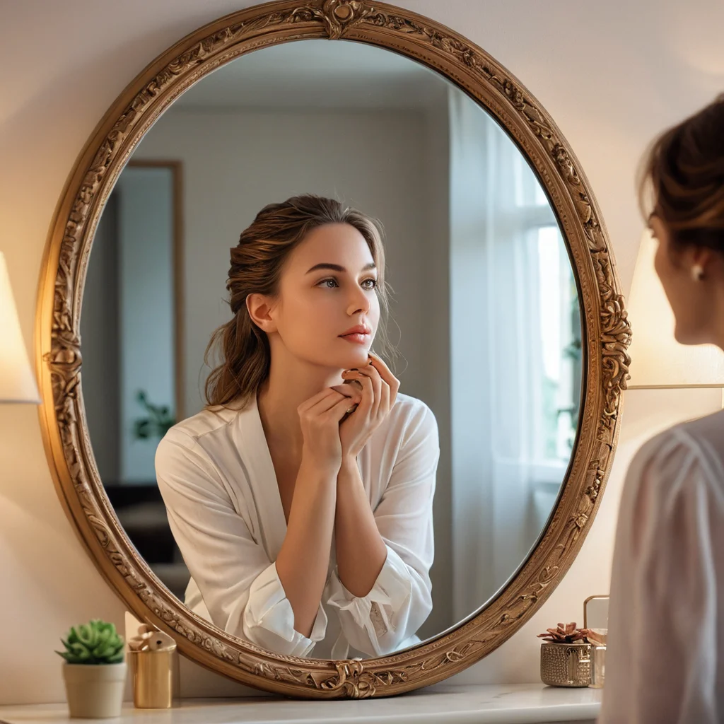 Элегантная женщина, улыбающаяся своему отражению в красиво декорированном безрамном зеркале, символизирующая вдохновение на перемены и новое видение своего дома и себя.