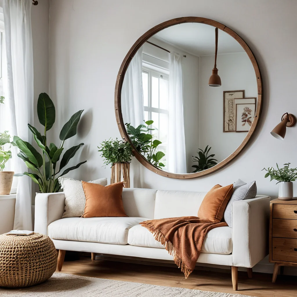 Настенное безрамное зеркало с универсальным DIY декором, гармонично вписывающееся как в богемный, так и в скандинавский интерьер, показывающее, как адаптировать декор под любой стиль.