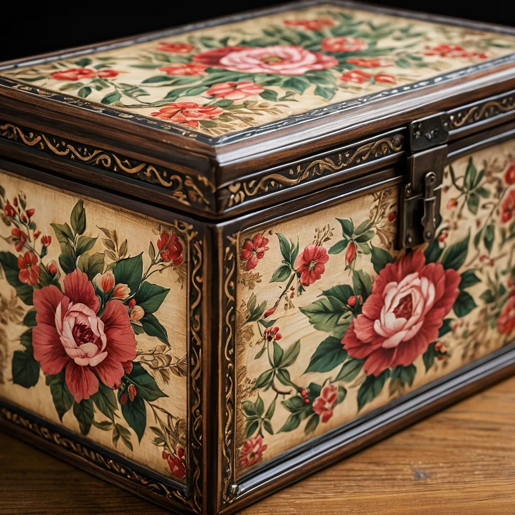 Исторический коллаж, демонстрирующий эволюцию декупажа на дереве: от старинных образцов с классическими мотивами до современных техник, подчеркивающих красоту деревянной текстуры.