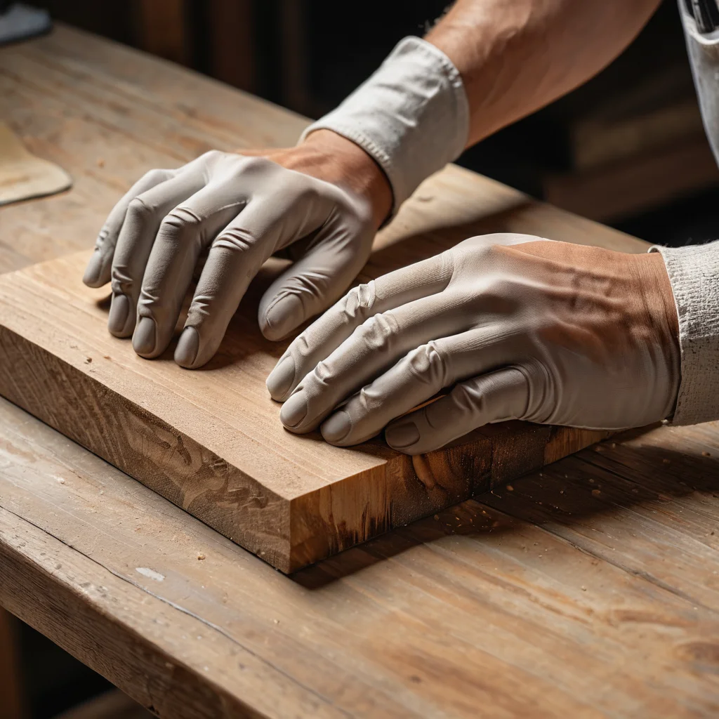 Крупный план рук в защитных перчатках, аккуратно шлифующих деревянную поверхность наждачной бумагой, подготавливая её к декупажу для идеального сцепления.
