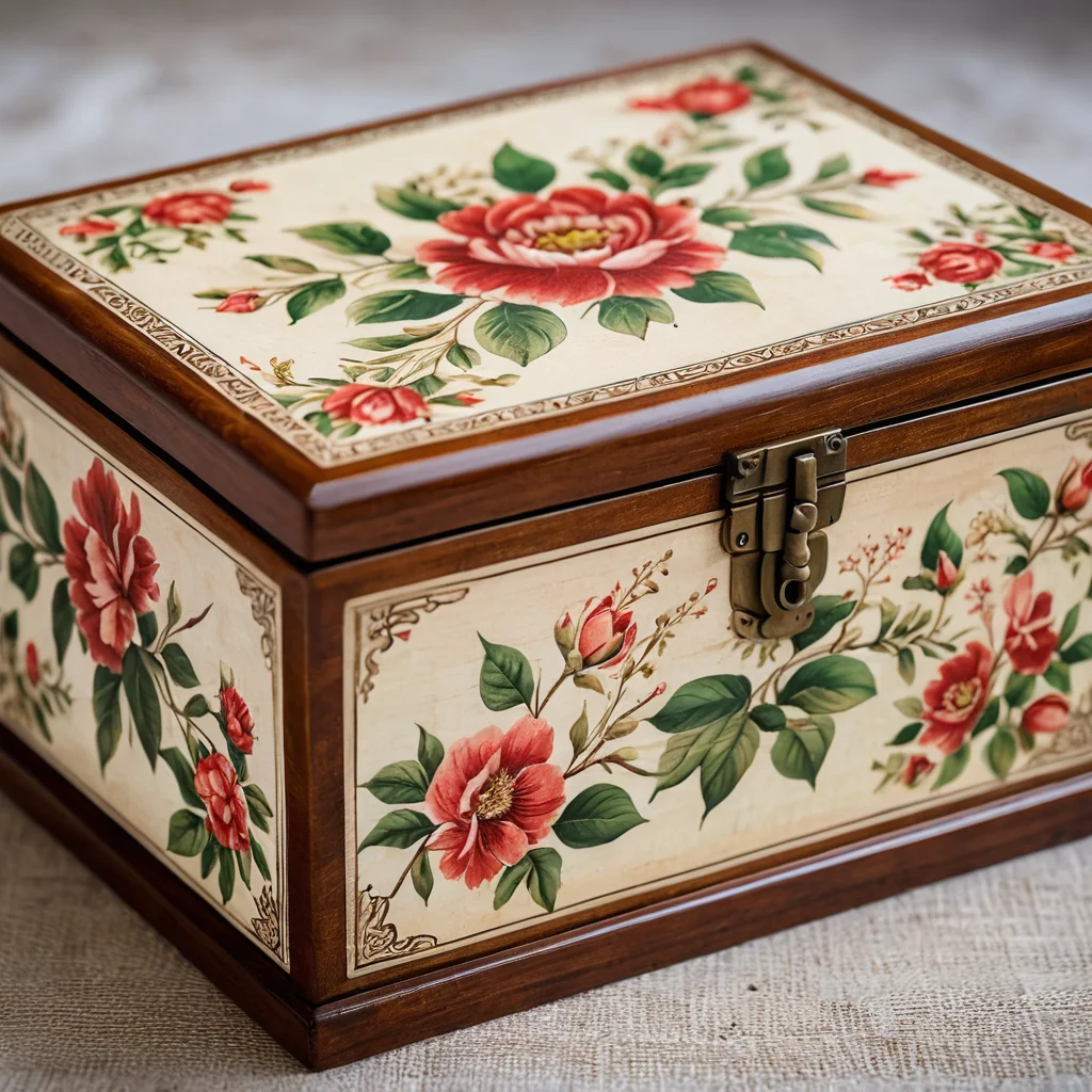 Красиво оформленная деревянная шкатулка или предмет интерьера, украшенный декупажем, демонстрирующий готовое изделие в домашней обстановке, подчеркивающий его красоту и вдохновение.