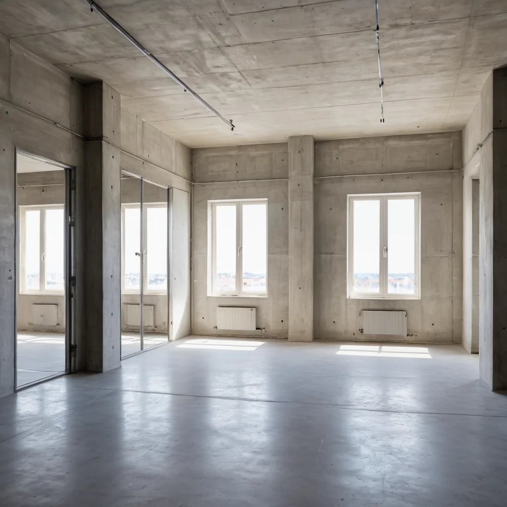 Фотореалистичный интерьер пустой квартиры-студии в новостройке до начала ремонта, с голыми бетонными стенами и полом, готовой для трансформации в уютное жилое пространство.