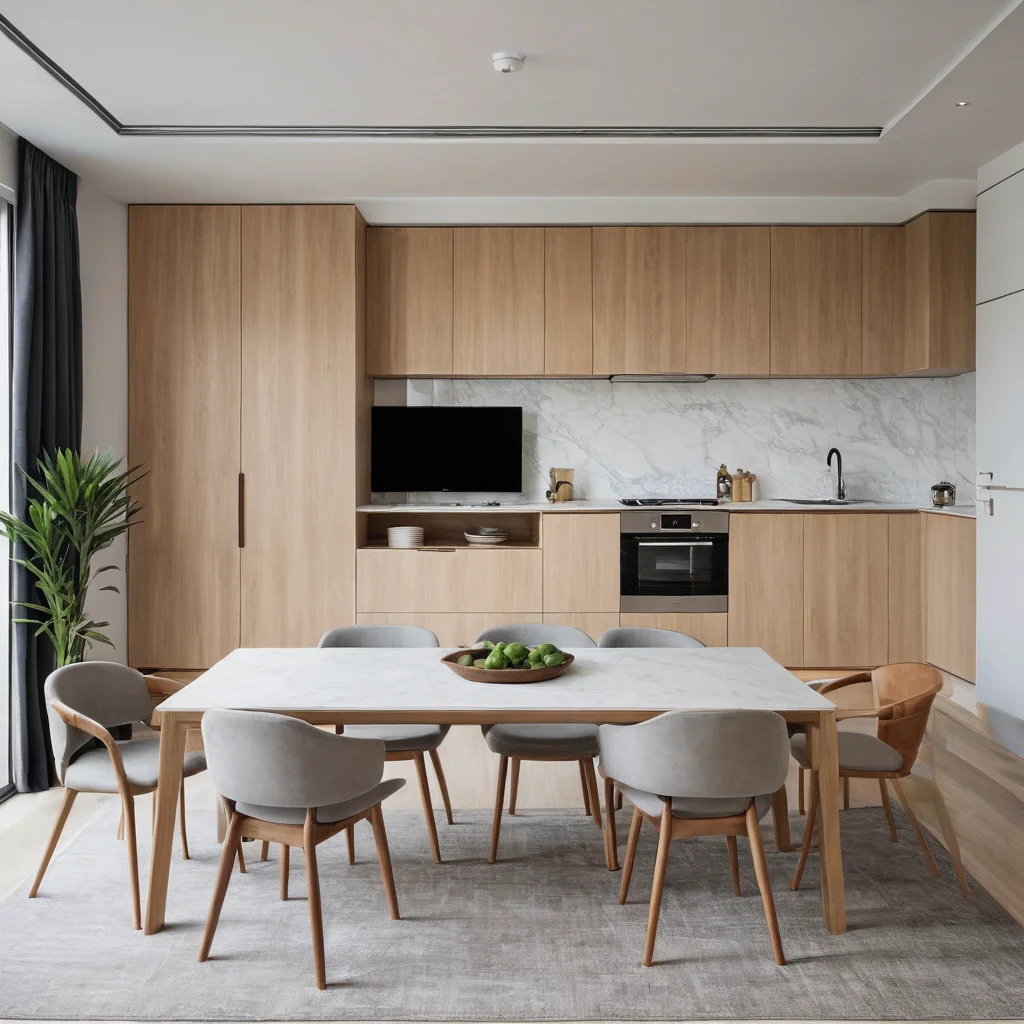 Фотореалистичный интерьер современной студии с продуманным зонированием: гостиная плавно переходит в обеденную зону и спальное место, демонстрируя эргономику и минимализм.