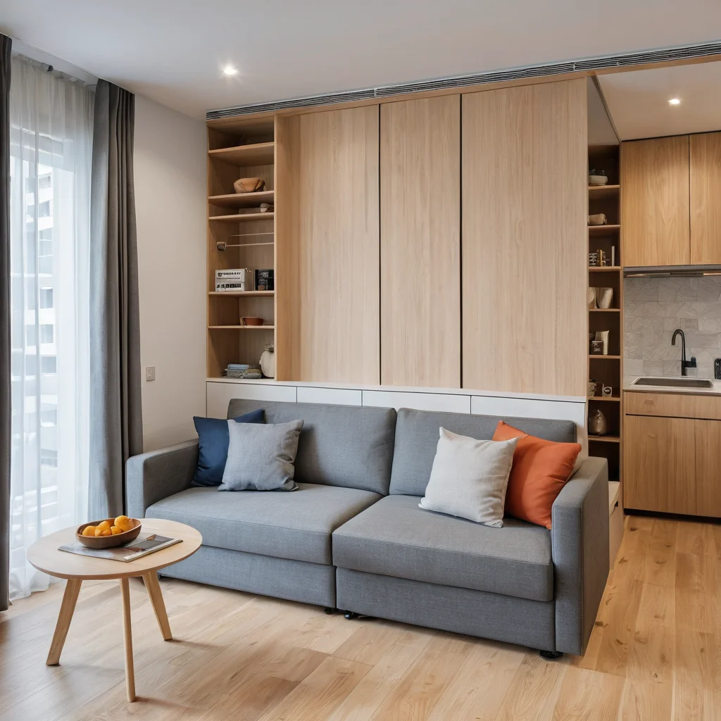 Фотореалистичный интерьер малогабаритной квартиры-студии площадью 25 кв.м., демонстрирующий мебель-трансформер: откидная кровать, складной стол и модульный диван для максимальной функциональности.