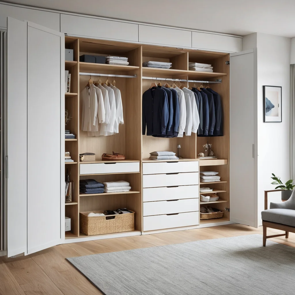 Фотореалистичный дизайн студии с умными системами хранения: встроенные шкафы от пола до потолка, скрытые гардеробные и навесные полки, обеспечивающие порядок и визуальную чистоту.