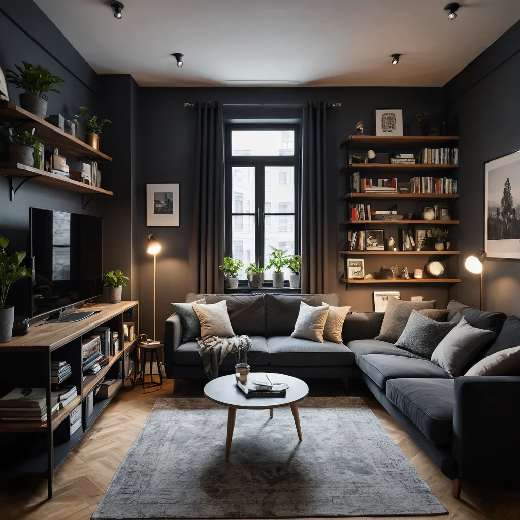 Фотореалистичное изображение перегруженной и хаотичной квартиры-студии, демонстрирующее типичные ошибки дизайна: громоздкая мебель, недостаточное освещение и плохая организация пространства.