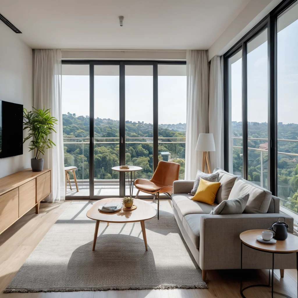 Компактная студия с панорамными окнами в пол, элегантная мебель, продуманные решения для хранения, максимальное использование естественного света, эффективная планировка.