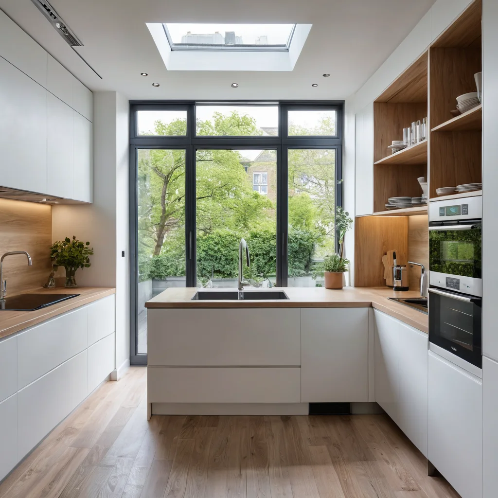 Функциональная маленькая кухня с окном в пол, обеспечивающим естественное освещение и вентиляцию, встроенной техникой, чистыми линиями и эффективным использованием пространства.