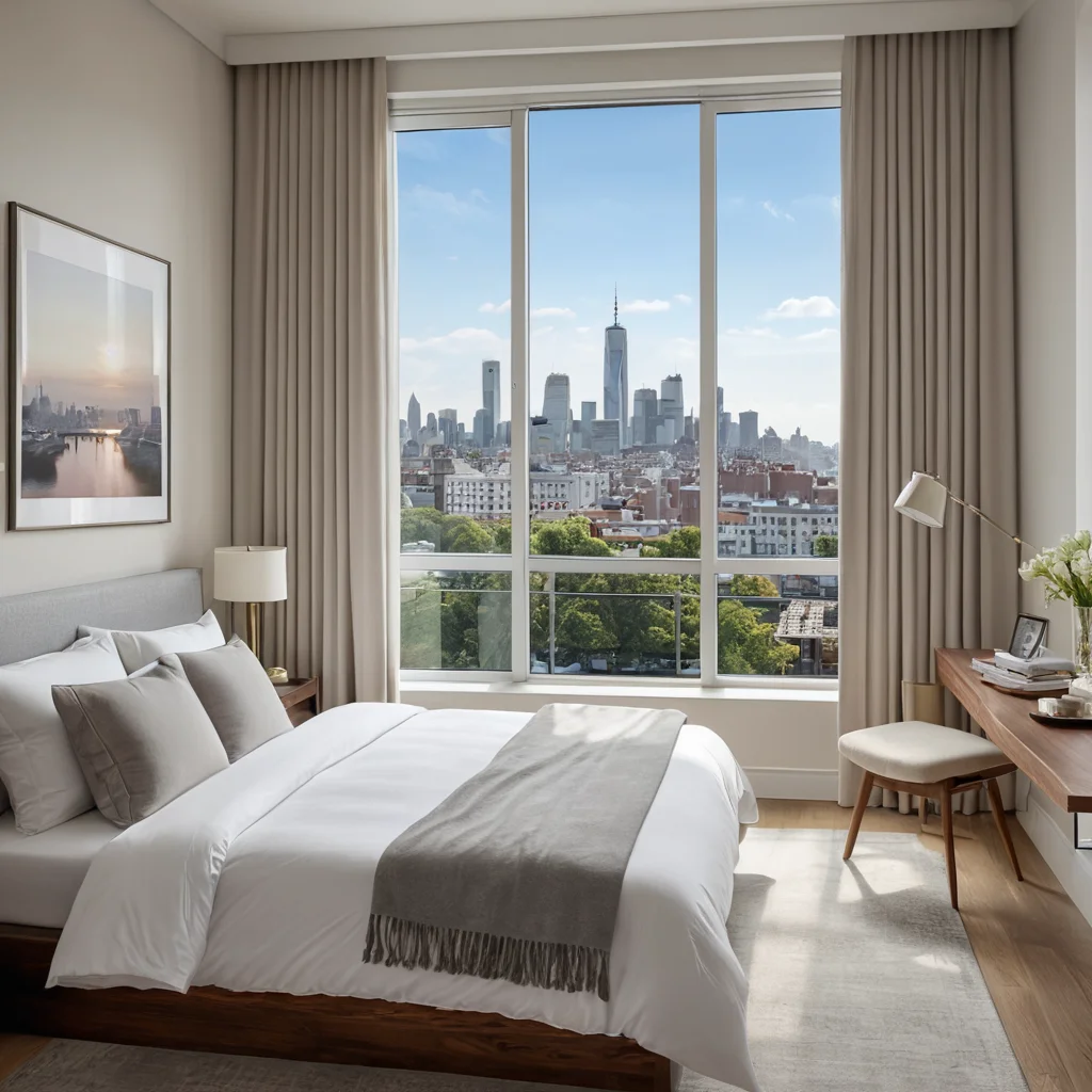 Маленькая спальня с окном в пол, открывающим вид на город, мягкий утренний свет, безмятежная атмосфера, свободное пространство, спокойная цветовая палитра.
