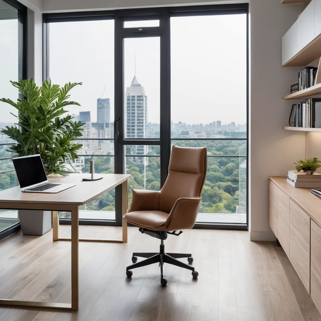 Минималистичный домашний офис у окна в пол, эргономичное кресло, элегантный стол, естественный свет для работы, вдохновляющий вид, функциональное рабочее пространство.