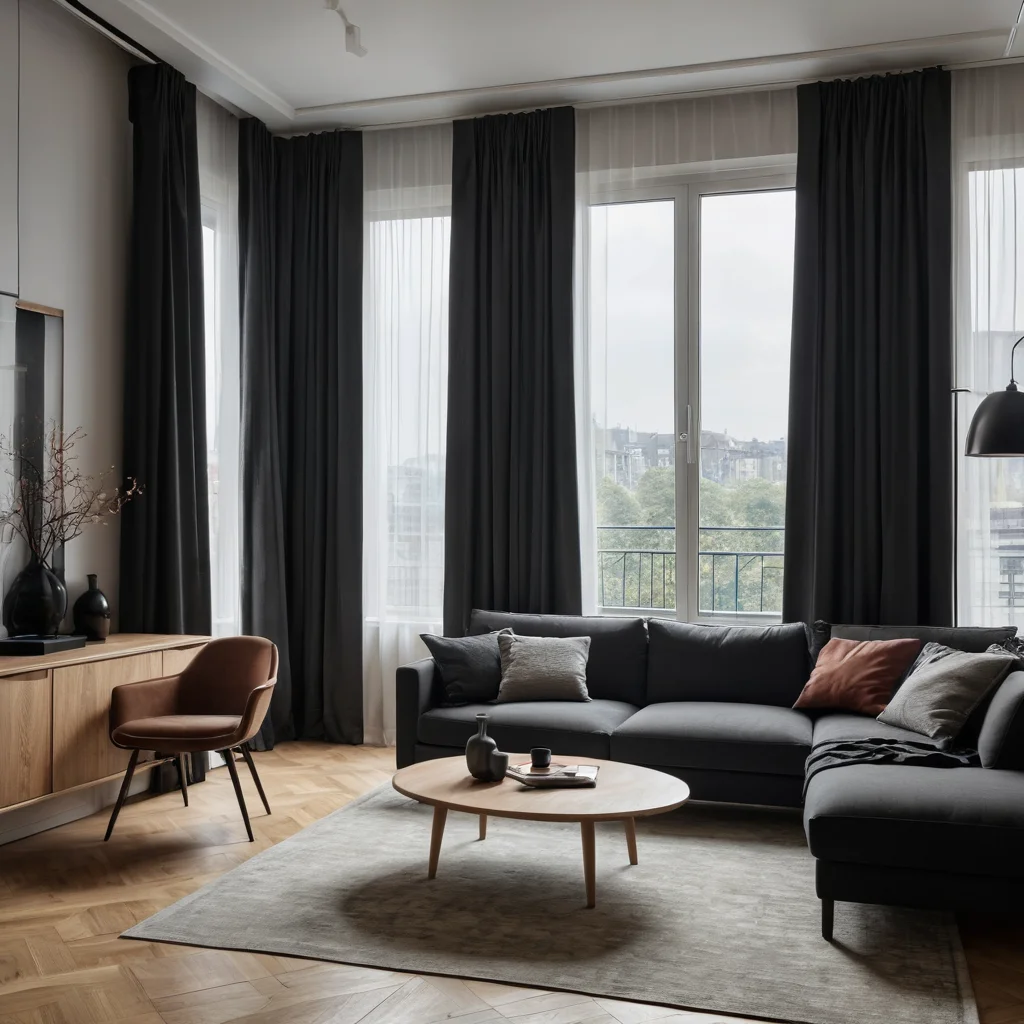 Интерьер небольшой квартиры с тяжелыми, темными шторами, закрывающими окна в пол, загроможденной мебелью, плохим освещением, мрачной атмосферой - типичная ошибка дизайна.