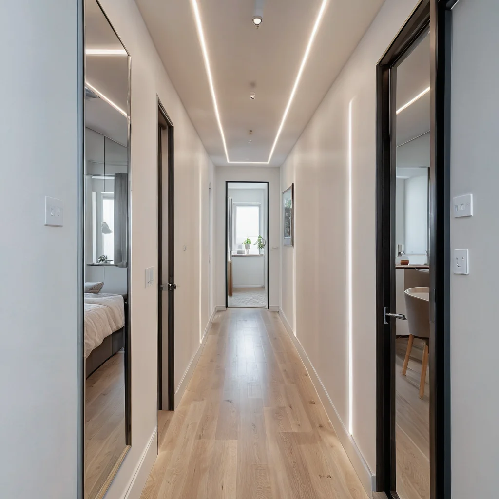 Узкий коридор в малогабаритной квартире с окном в пол, отражающим свет, зеркальные поверхности, светлые цвета, создающие иллюзию пространства.