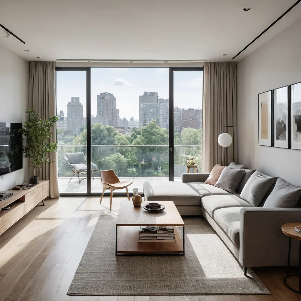 Современная гостиная в малогабаритной квартире с окнами в пол, залитая естественным светом, минималистичный декор, вид на город, уютная атмосфера.