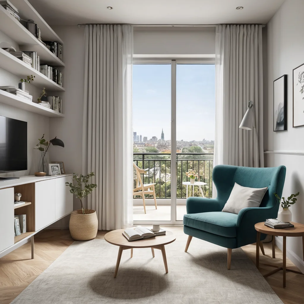 Гостиная в небольшой квартире, где окно в пол создает уютный уголок для чтения с удобным креслом и столиком, светлое и располагающее пространство.