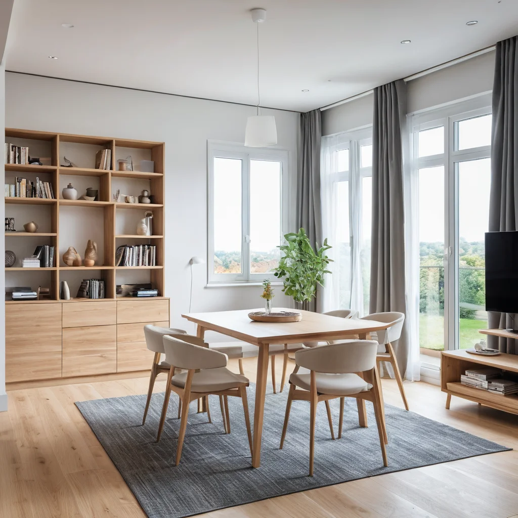 Эргономичный дизайн квадратной студии, показывающий эффективное использование пространства, многофункциональную мебель и продуманные решения для хранения, выполненный в стиле интерьерной фотографии.