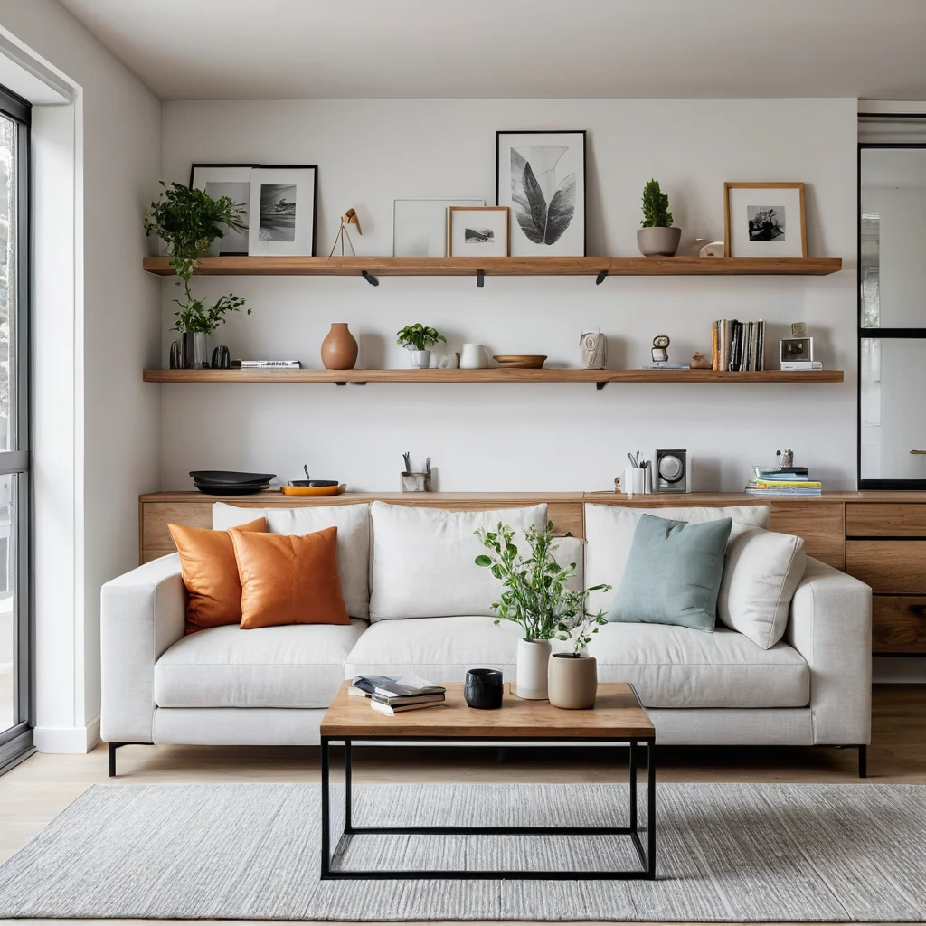 Фотореалистичное изображение мебели в квадратной студии: компактный диван, модульный стол и настенные полки, демонстрирующие оптимальную расстановку для функционального жилого пространства.