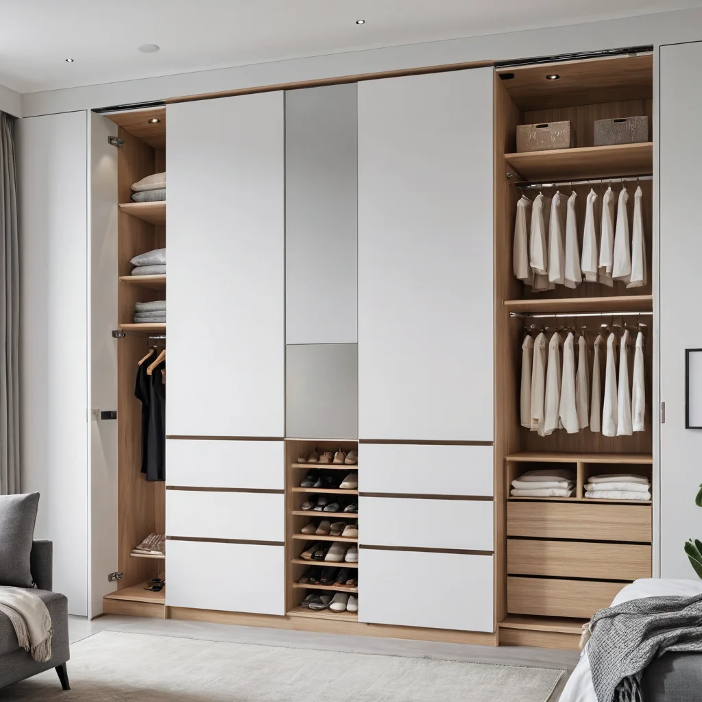 Фотореалистичный пример умных решений для хранения в квадратной студии: встроенные шкафы, скрытые отсеки и вертикальное хранение, создающие организованный и минималистичный интерьер.