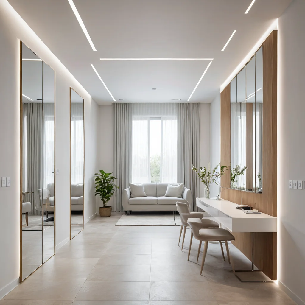 Фотореалистичное изображение квадратной студии, демонстрирующее приемы визуального расширения пространства: использование зеркал, светлых цветов, вертикальных линий и стратегического освещения.