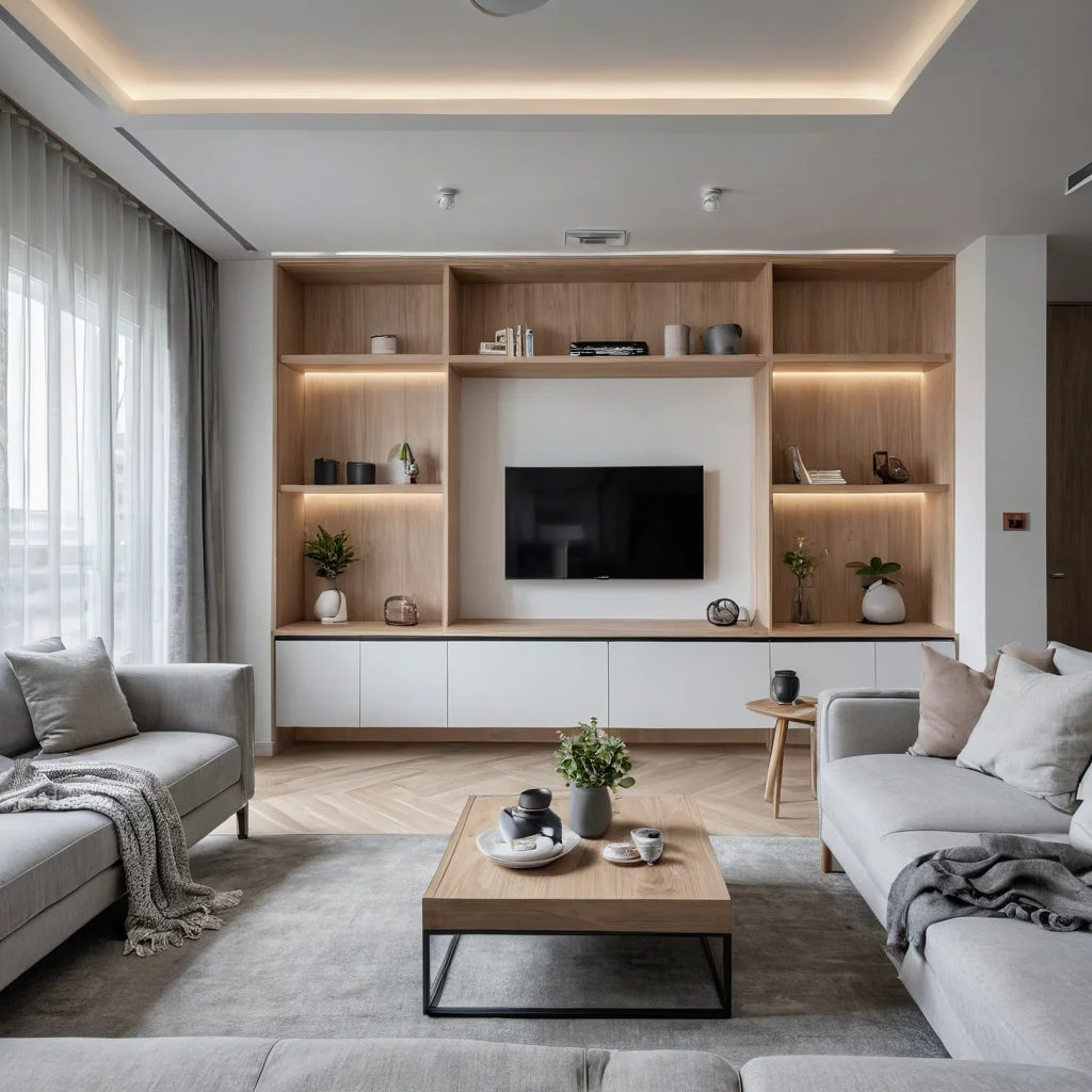 Фотореалистичный дизайн квадратной студии с четким зонированием: выделенные гостиная, спальная зона и рабочее место, разделенные минималистичными перегородками для создания функциональных зон.